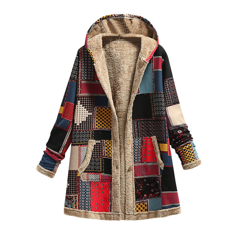 Women's Hooded Long Sleeve Jacket – Multicolor Patchwork with Button Placket Coats & Jackets